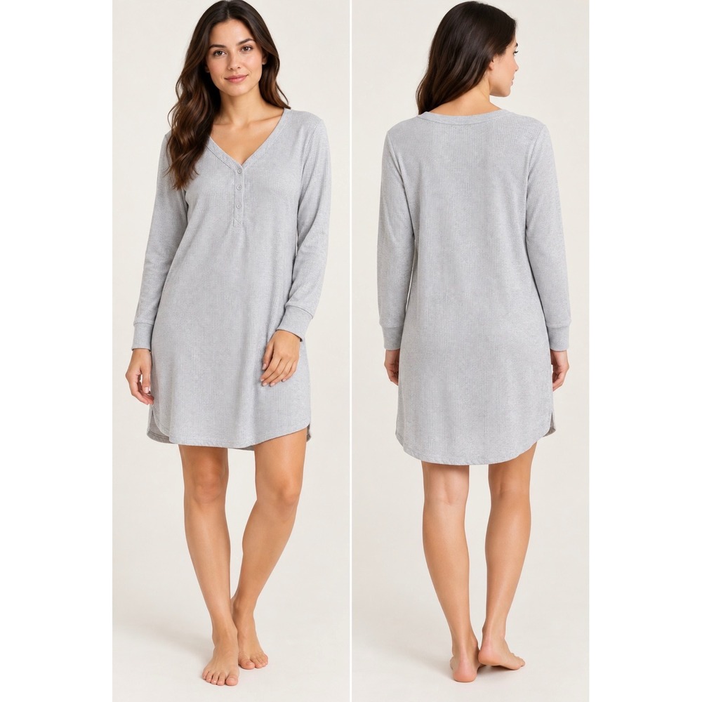Soma Waffle Knit Henley Nightshirt Heather Gray Long Sleeve Sleep Dress XL